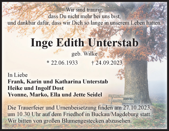 Traueranzeige von Inge Edith Unterstab von Volksstimme Magdeburg