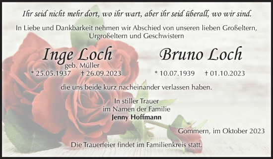 Traueranzeige von Inge und Bruno Loch von Volksstimme Burg/Genthin