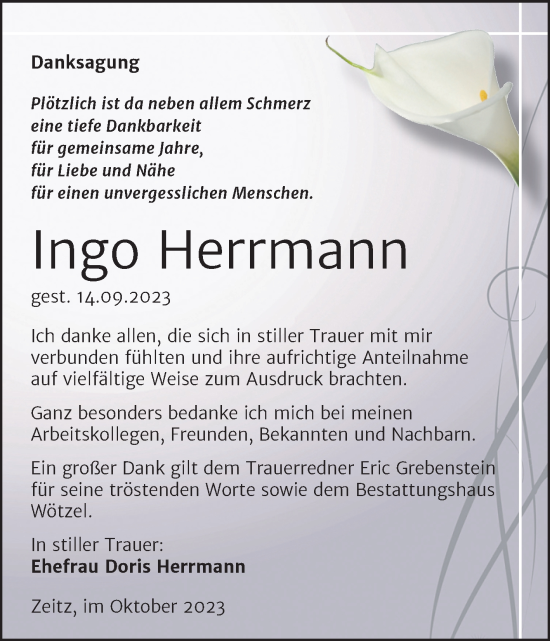 Traueranzeige von Ingo Herrmann von Trauerkombi Zeitz
