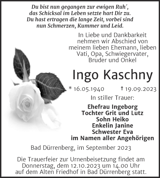 Traueranzeige von Ingo Kaschny von Trauerkombi Merseburg