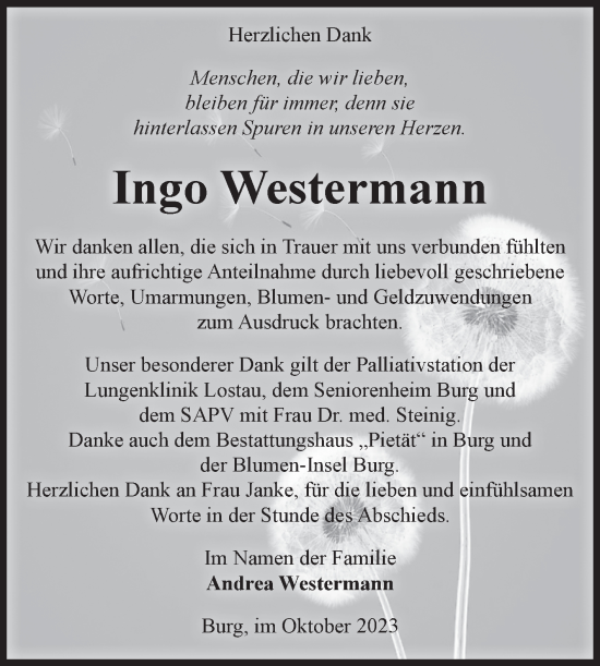 Traueranzeige von Ingo Westermann von Volksstimme Burg/Genthin