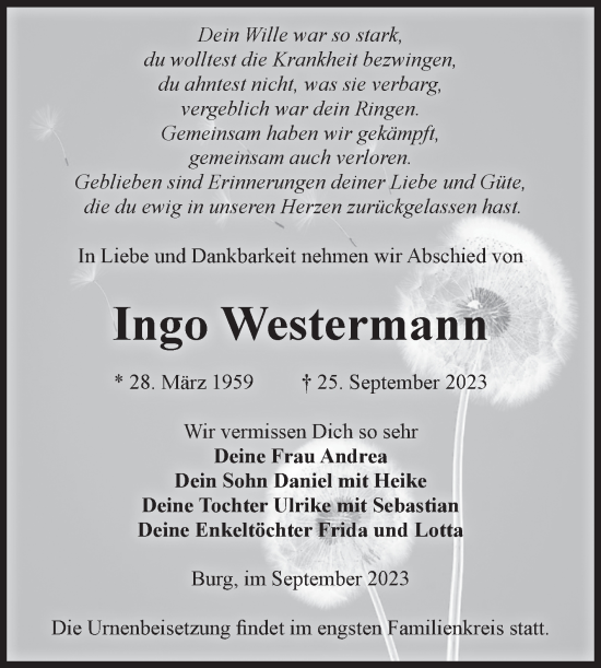 Traueranzeige von Ingo Westermann von Volksstimme Burg/Genthin