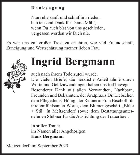 Traueranzeige von Ingrid Bergmann von Volksstimme Haldensleben/Wolmirstedt