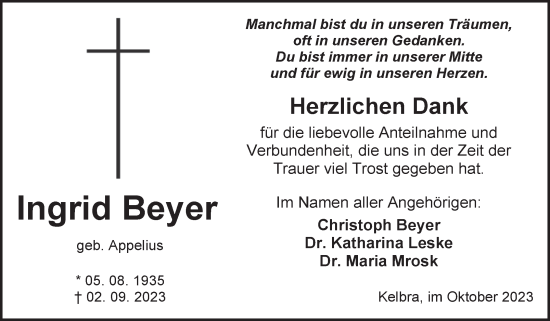 Traueranzeige von Ingrid Beyer von Mitteldeutsche Zeitung Sangerhausen