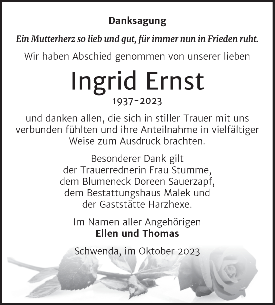 Traueranzeige von Ingrid Ernst von Trauerkombi Sangerhausen
