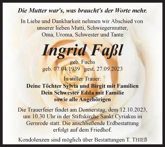 Traueranzeige von Ingrid Faßl von Trauerkombi Quedlinburg