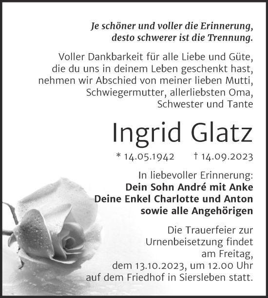 Traueranzeige von Ingrid Glatz von Trauerkombi Mansfelder Land