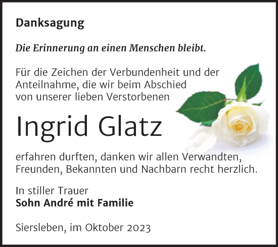 Traueranzeige von Ingrid Glatz von Trauerkombi Mansfelder Land