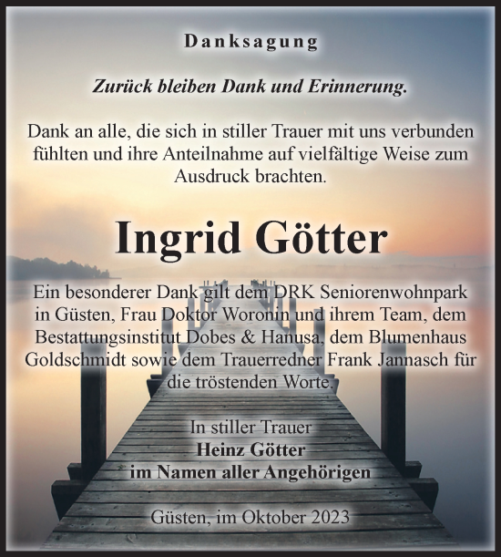Traueranzeige von Ingrid Götter von Volksstimme Staßfurt
