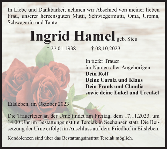 Traueranzeige von Ingrid Hamel von Volksstimme Oschersleben/Wanzleben