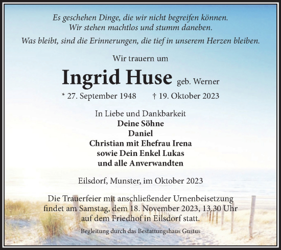 Traueranzeige von Ingrid Huse von Volksstimme Halberstadt