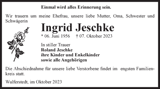 Traueranzeige von Ingrid Jeschke von Volksstimme Oschersleben/Wanzleben