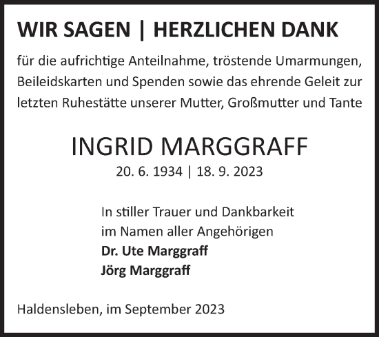 Traueranzeige von Ingrid Marggraff von Volksstimme Haldensleben/Wolmirstedt