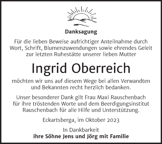 Traueranzeige von Ingrid Oberreich von Naumburger Tageblatt