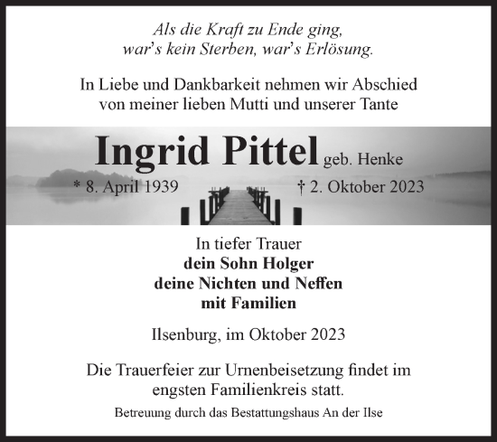 Traueranzeige von Ingrid Pittel von Volksstimme Wernigerode