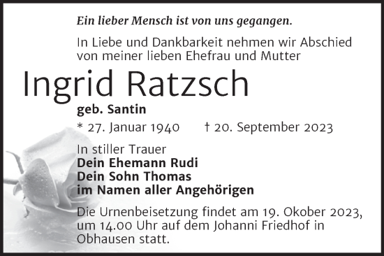 Traueranzeige von Ingrid Ratzsch von Trauerkombi Merseburg