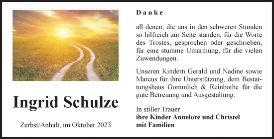 Traueranzeige von Ingrid Schulze von Volksstimme Zerbst