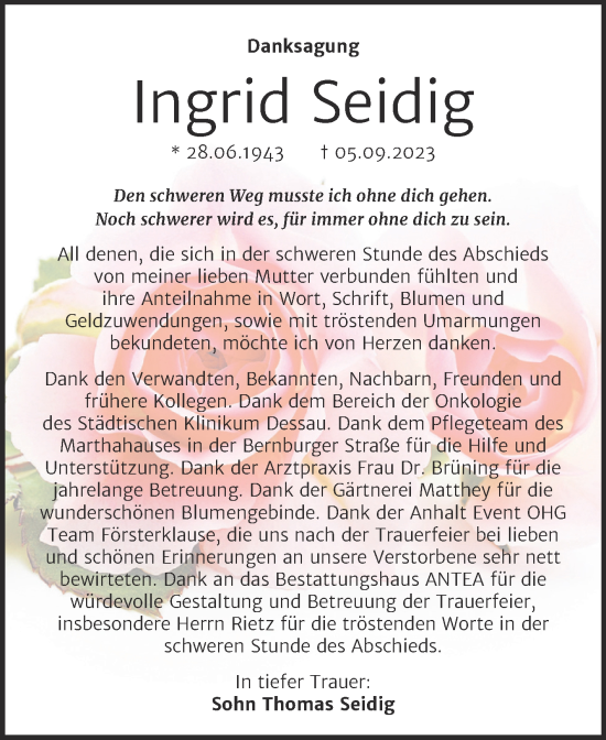 Traueranzeige von Ingrid Seidig von Trauerkombi Dessau