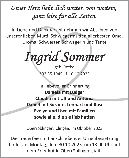 Traueranzeige von Ingrid Sommer von Trauerkombi Sangerhausen