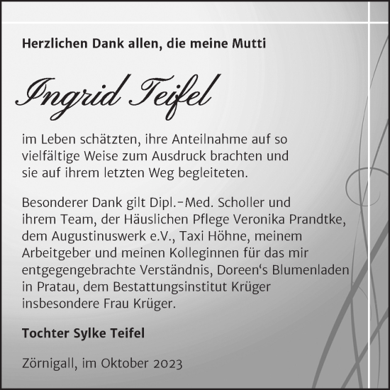 Traueranzeige von Ingrid Teifel von Trauerkombi Wittenberg