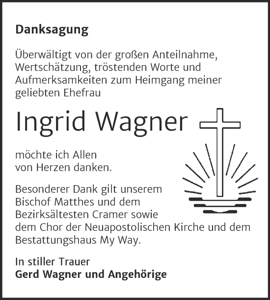 Traueranzeige von Ingrid Wagner von Trauerkombi Weißenfels