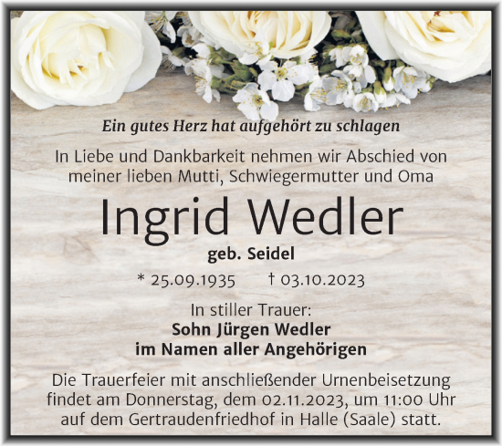Traueranzeige von Ingrid Wedler von Mitteldeutsche Zeitung Halle/Saalkreis
