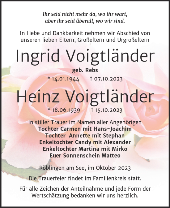 Traueranzeige von Ingrid und Heinz Voigtländer von Trauerkombi Mansfelder Land