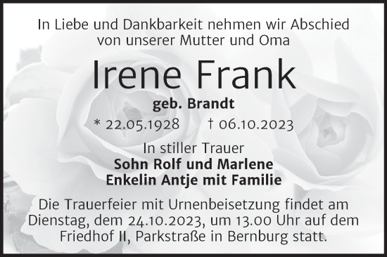 Traueranzeige von Irene Frank von Trauerkombi Bernburg