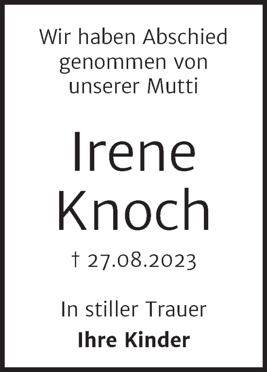 Traueranzeige von Irene Knoch von Trauerkombi Merseburg