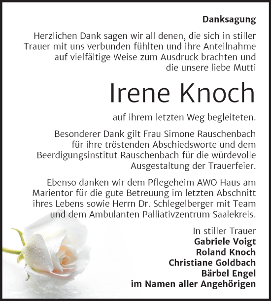 Traueranzeige von Irene Knoch von Wochenspiegel Naumburg/Nebra