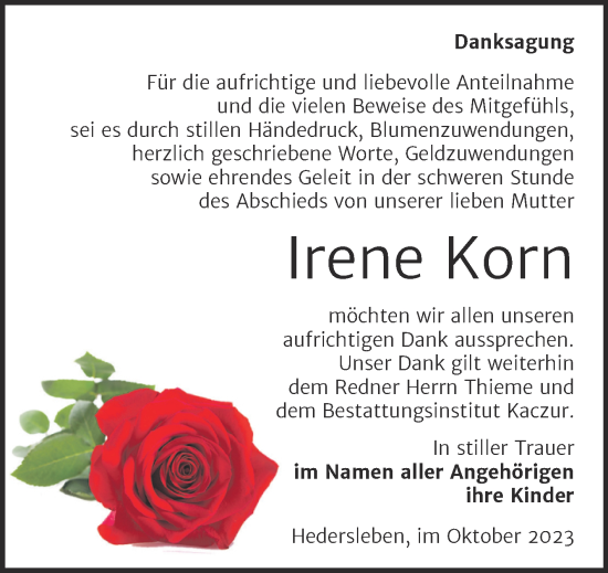 Traueranzeige von Irene Korn von Trauerkombi Quedlinburg