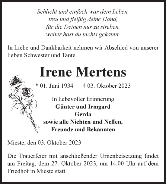 Traueranzeige von Irene Mertens von Volksstimme Altmark West