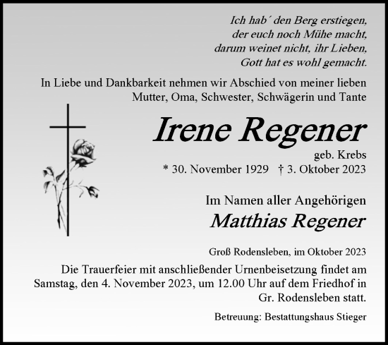 Traueranzeige von Irene Regener von Volksstimme Oschersleben/Wanzleben