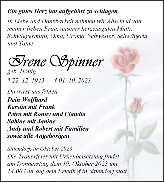 Traueranzeige von Irene Spinner von Trauerkombi Sangerhausen