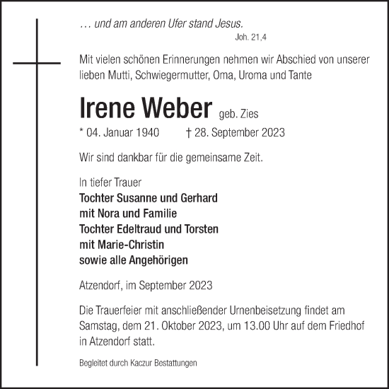 Traueranzeige von Irene Weber von Volksstimme Staßfurt