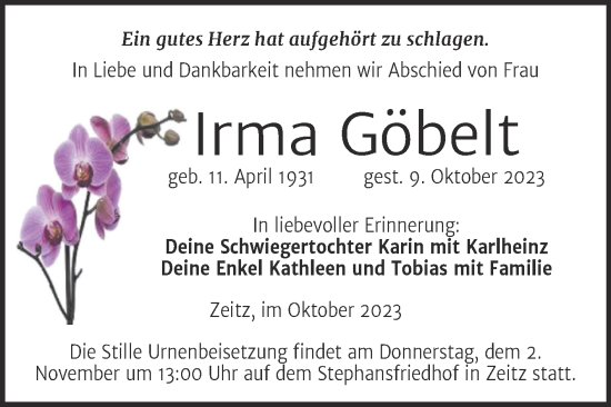 Traueranzeige von Irma Göbelt von Trauerkombi Zeitz