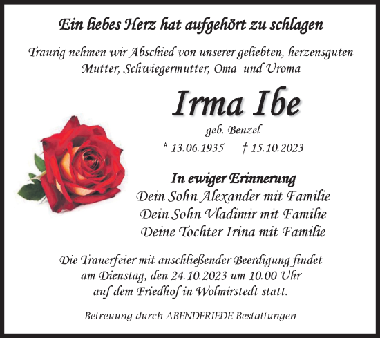 Traueranzeige von Irma Ibe von Volksstimme Haldensleben/Wolmirstedt