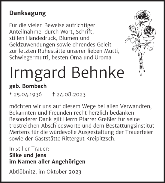 Traueranzeige von Irmgard Behnke von Naumburger Tageblatt