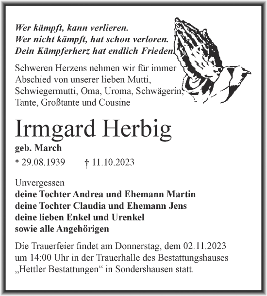 Traueranzeige von Irmgard Herbig von Mitteldeutsche Zeitung Mansfelder Land