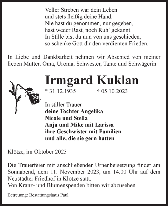 Traueranzeige von Irmgard Kuklan von Volksstimme Altmark West