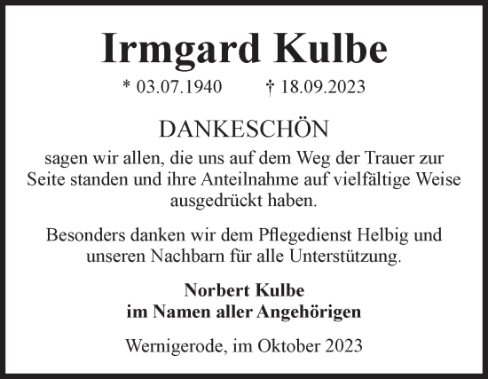 Traueranzeige von Irmgard Kulbe von Volksstimme Wernigerode