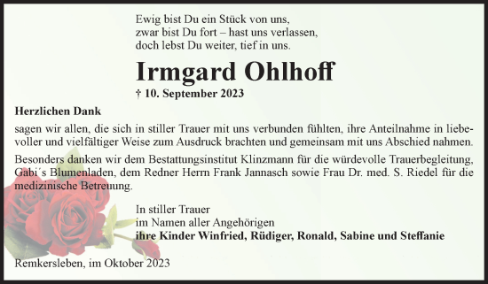 Traueranzeige von Irmgard Ohlhoff von Volksstimme Oschersleben/Wanzleben