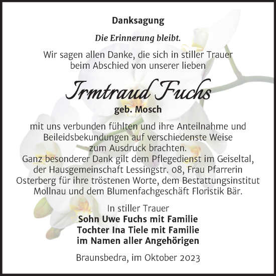 Traueranzeige von Irmtraud Fuchs von Trauerkombi Merseburg
