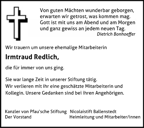 Traueranzeige von Irmtraud Redlich von Super Sonntag Quedlingburg