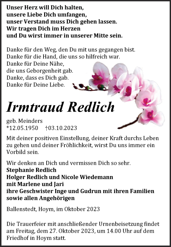 Traueranzeige von Irmtraud Redlich von Trauerkombi Quedlinburg