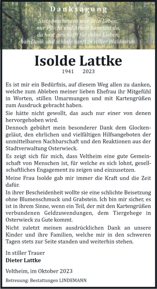 Traueranzeige von Isolde Lattke von Volksstimme Halberstadt