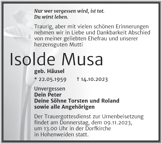 Traueranzeige von Isolde Musa von Mitteldeutsche Zeitung Halle/Saalkreis