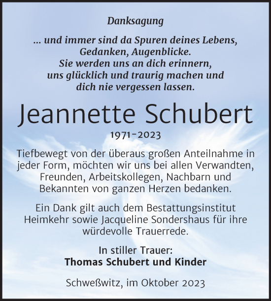 Traueranzeige von Jeannette Schubert von Trauerkombi Weißenfels