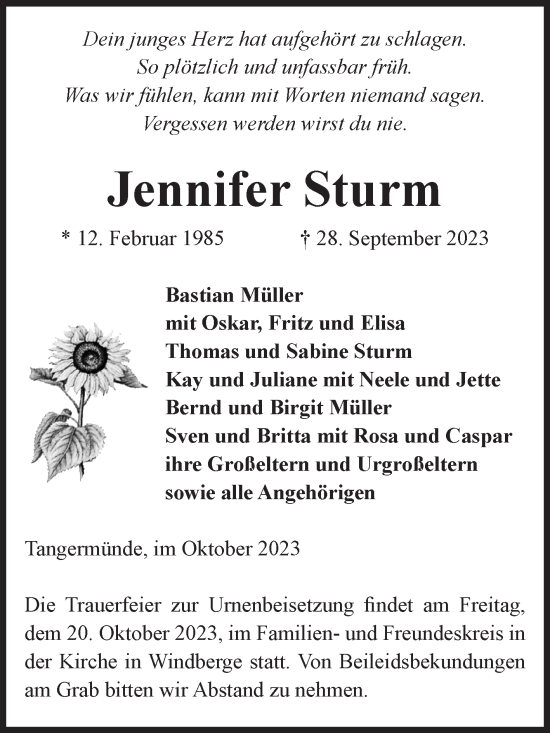 Traueranzeige von Jennifer Sturm von Volksstimme Altmark Ost