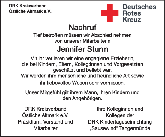 Traueranzeige von Jennifer Sturm 